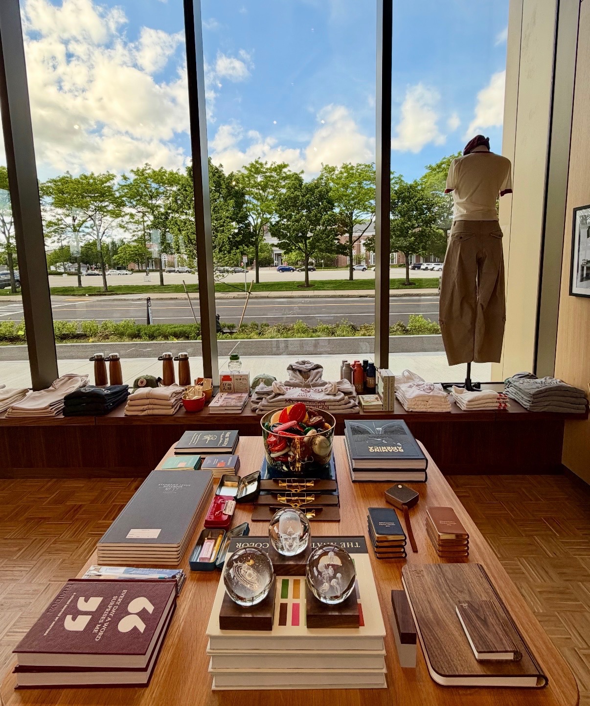Completed Harvard sales floor with a styled window, books, gifts, apparel, and accessories